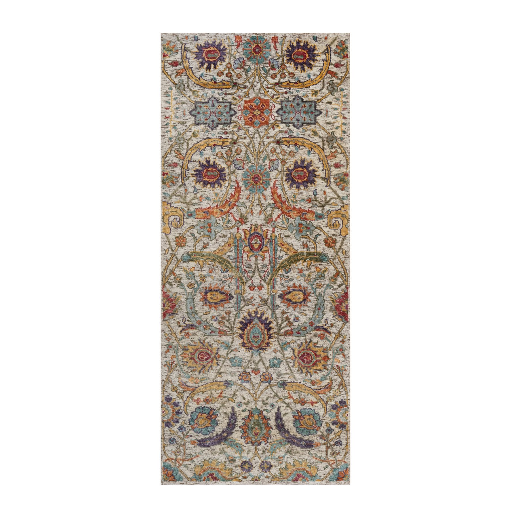 2'6"x6' Ivory and Brown, Colorful Sickle Leaf Design, Hand Knotted, Silk with Textured Wool, Runner, Oriental Rug 